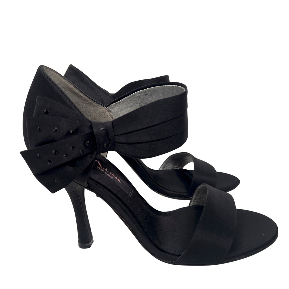 Nina New York Black Satin Bow Rhinestone Evening Sandals Heels Womens 7.5M
